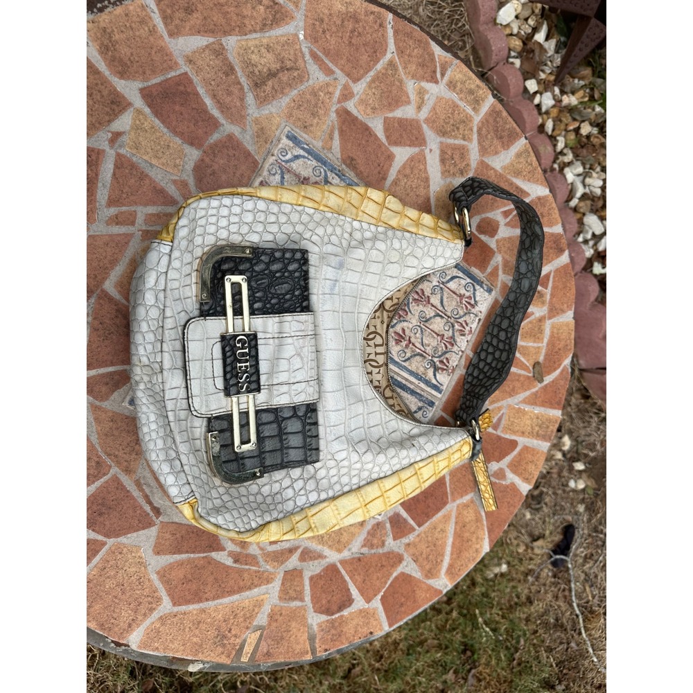 Guess Croc Embossed Hobo Shoulder Bag White Yellow Black Colorblock Logo